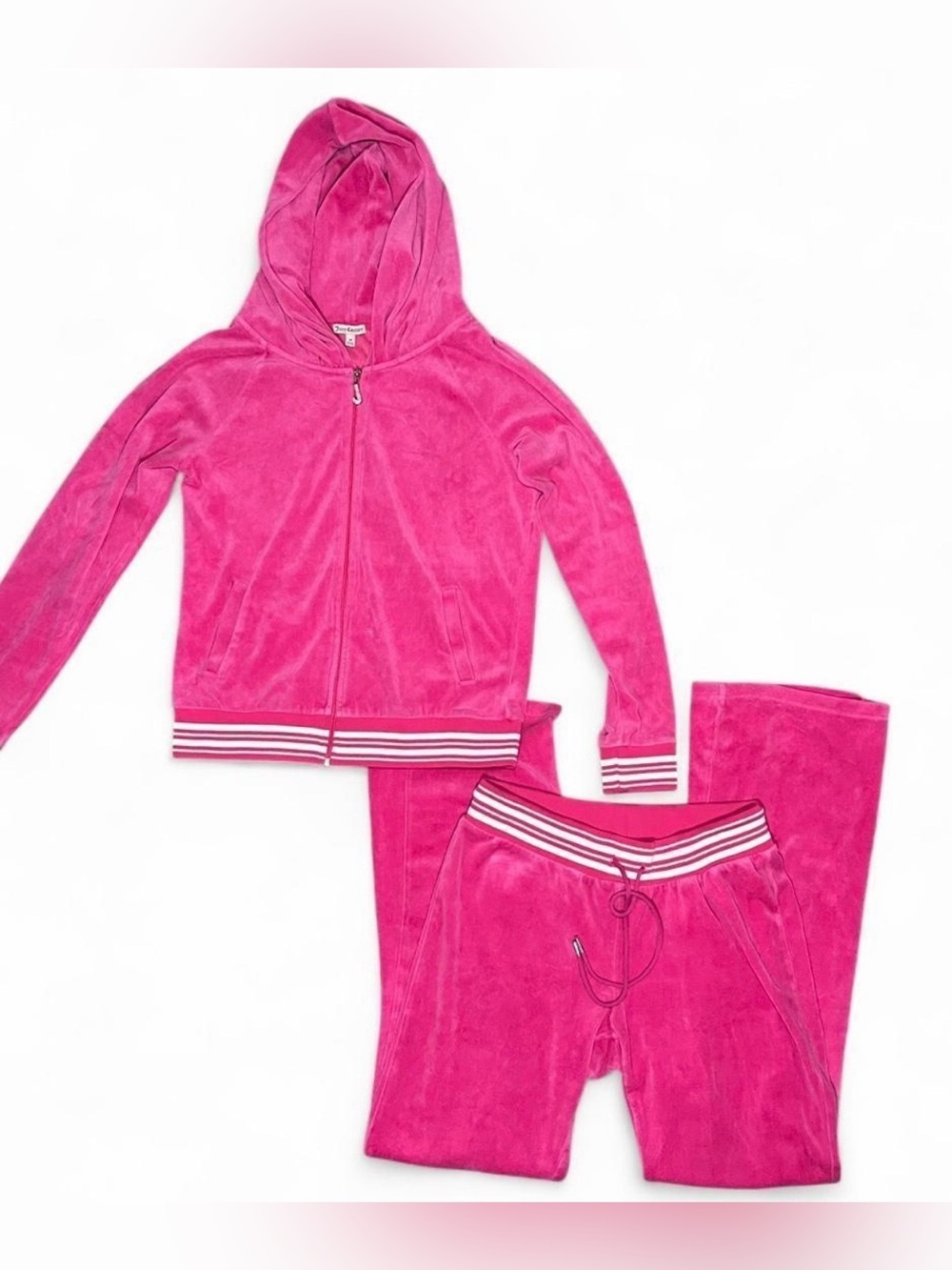 Vintage Y2K Juicy Couture Hot Pink Velour Tracksuit Set w/ Striped Ribbing sz XL